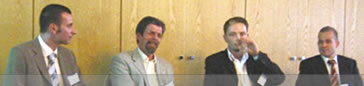 First Tuesday Sachsen - Podiumsdiskussion (v.r.n.l.) Sven Albinus (myPixelMedia.com), Joachim Kuss (ECC Kohtes Klewes), Prof. Dr. Ludwig Gramlich (Professur Jura 1 an der TU Chemnitz) und Tobias Zimmer (M-Labs)